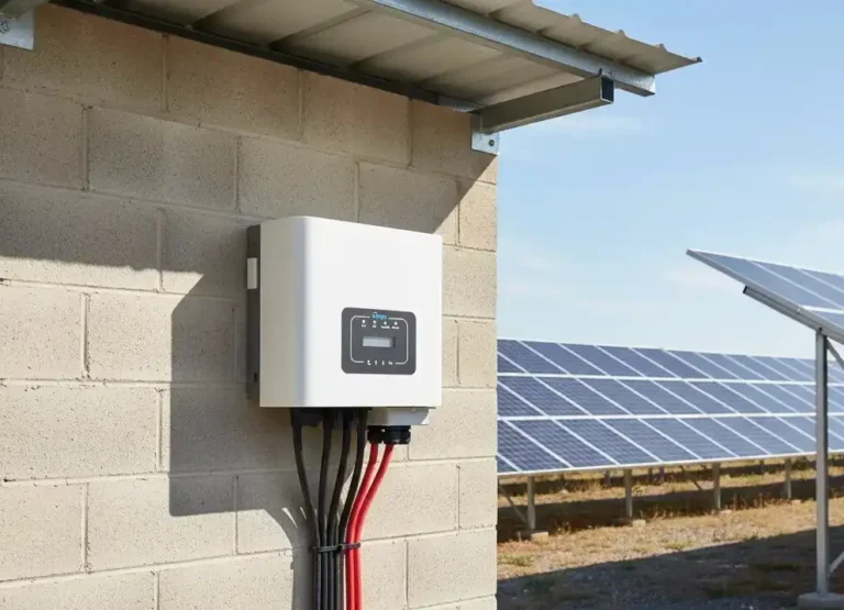 Inversor solar Deye em uma parede. ao fundo tem uma usina solar