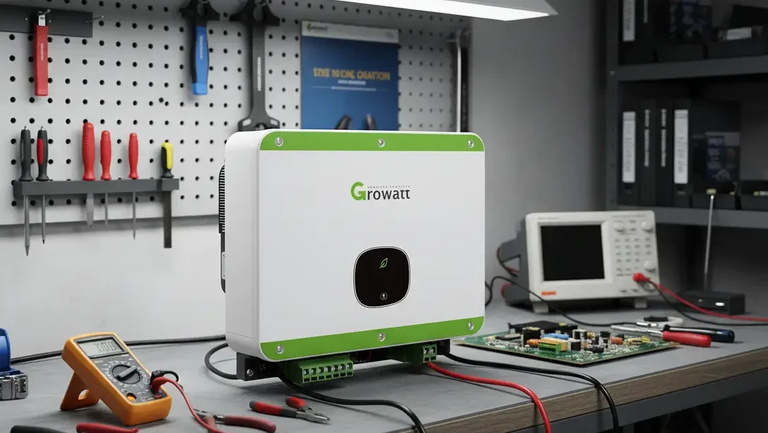 Inversor solar Growatt em uma bancada de manutenção